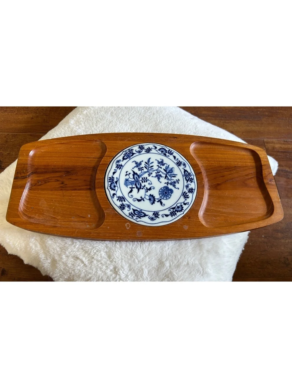 Dolphin Genuine Teakwood Serving Tray with Blue Floral Ceramic Inlay